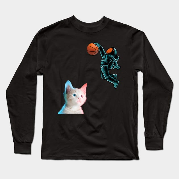 Cute Kitten Astronaut Playing Basketball For Cat Lover Tee T-Shirt Long Sleeve T-Shirt by drag is art